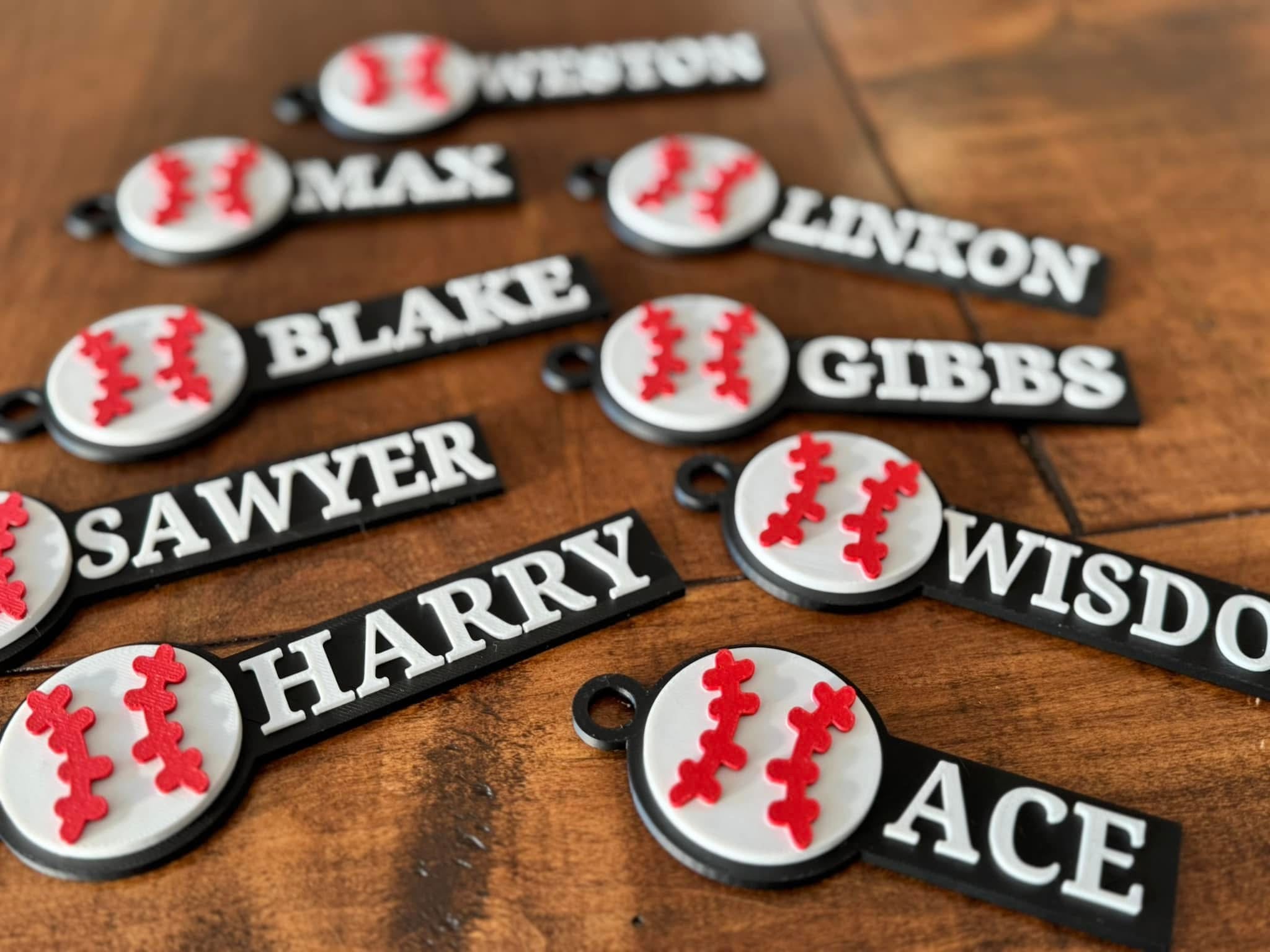 Examples of custom bag tags for baseball bags and bat bags