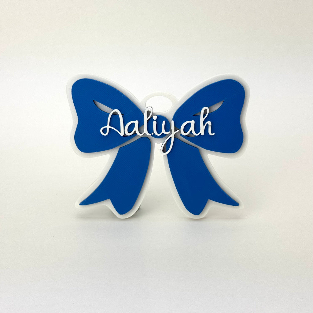 Personalized Spirit Bow Bag Tag with Name in colors of blue and white