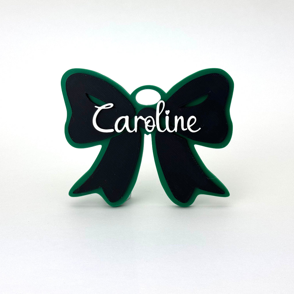 Personalized Spirit Bow Bag Tag for Roar in Green, Black, and White