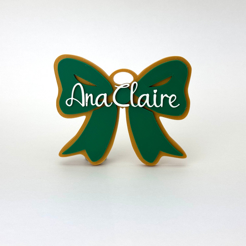 Personalized Spirit Bow Bag Tag for Adairsville in Gold, Green, and White