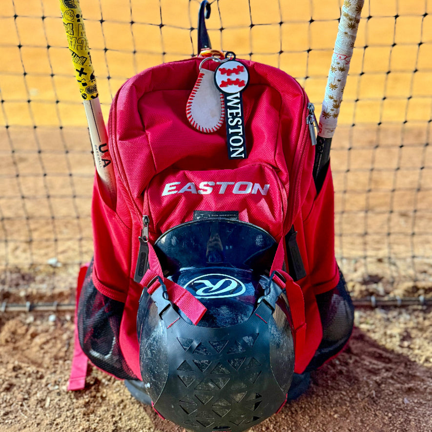 Example of the baseball bag tag attached to a bat bag